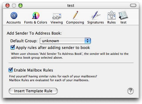 preference page contains default group, apply rules after adding, enable mailbox rules, insert template rule